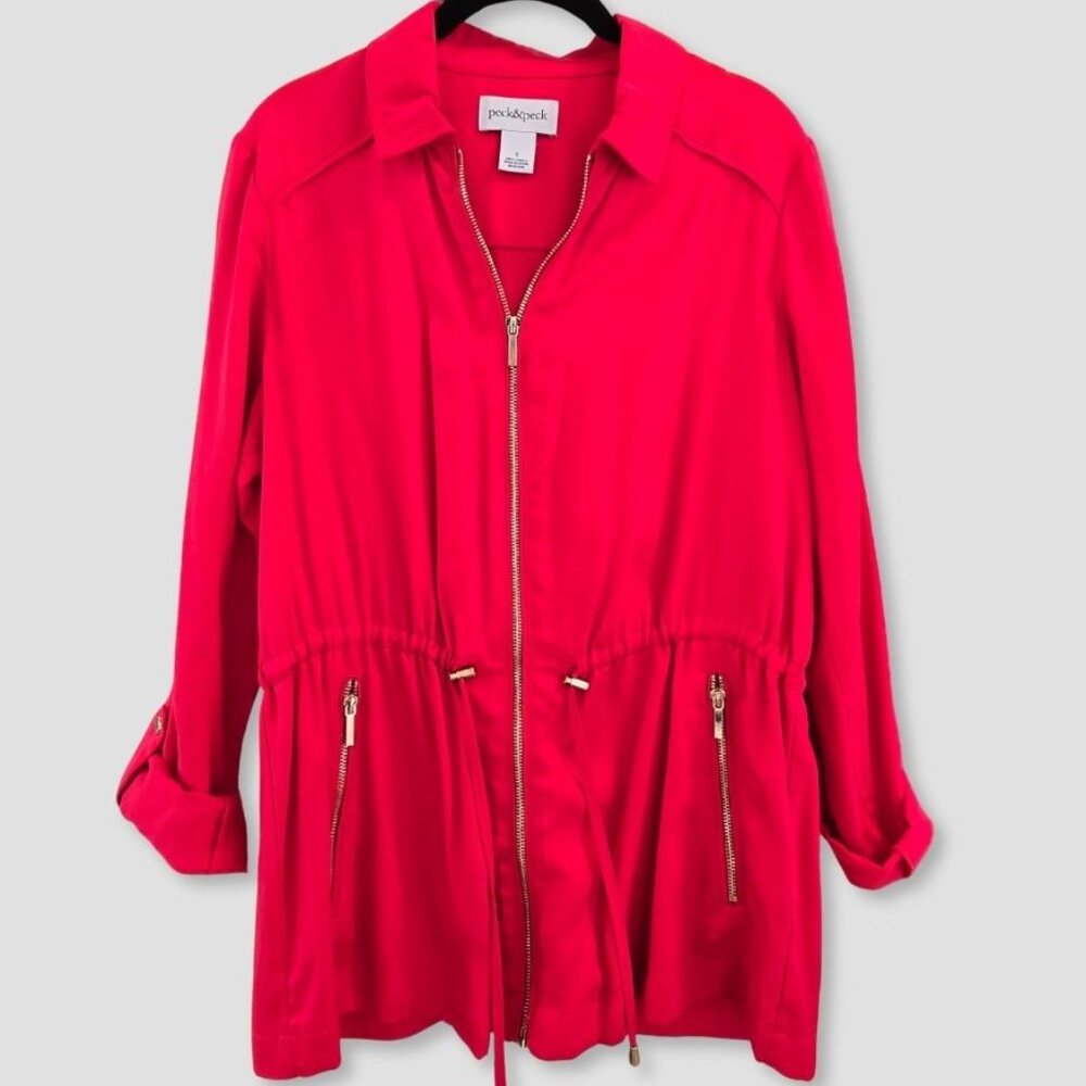 Peck & Peck Red Jacket, cinched waist, long sleeves gold zipper